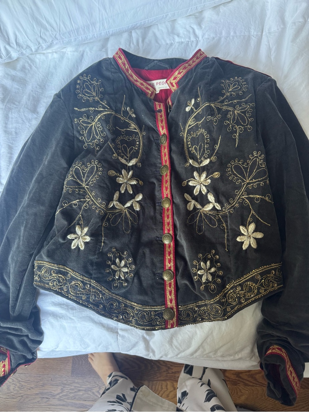 Free people Embroidered Black Velvet Jacket with Gold Accents
